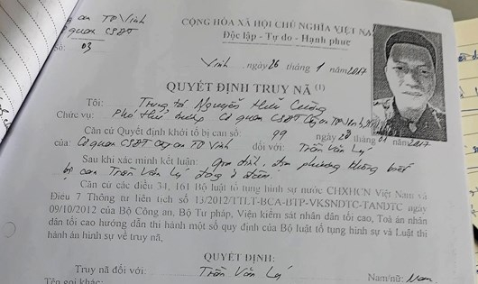 Quyết định truy n&atilde; Trần Văn L&yacute;.