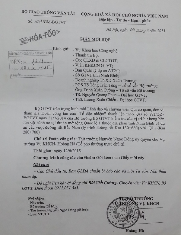 Bộ GTVT đ&atilde; c&oacute; C&ocirc;ng văn hỏa tốc gửi Sở GTVT Ninh B&igrave;nh để tổ chức cuộc họp l&agrave;m r&otilde; nguy&ecirc;n nh&acirc;n (năm 2015)