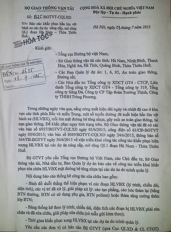 C&ocirc;ng văn hỏa tốc số 8625/BGTVT-CQLXD gửi Sở GTVT Ninh B&igrave;nh v&agrave; c&aacute;c đơn vị li&ecirc;n quan (năm 2015)