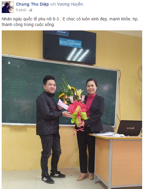 Facebooker Chung Thu Diệp gửi lời tri &acirc;n ng&agrave;y quốc tế phụ nữ tới c&ocirc; gi&aacute;o của m&igrave;nh.