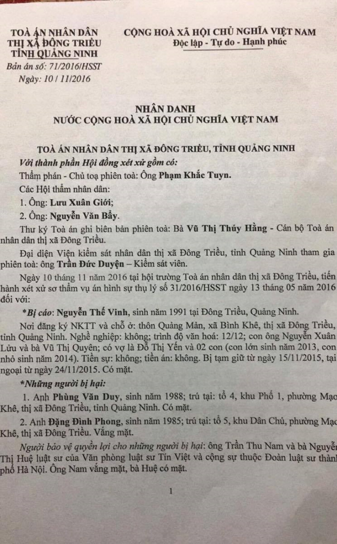 Bản &aacute;n h&igrave;nh sự sơ thẩm của TAND thị x&atilde; Đ&ocirc;ng Triều.