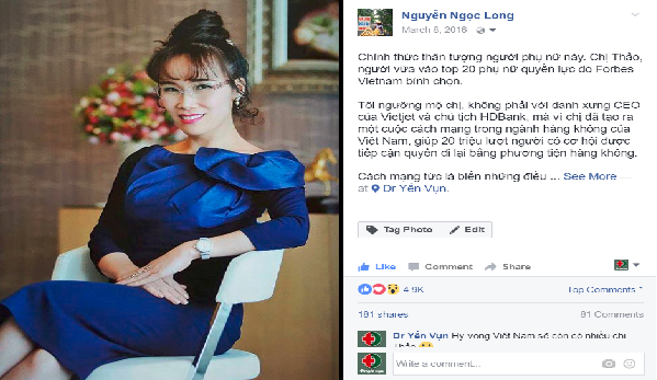 D&ograve;ng trạng th&aacute;i vết về b&agrave; Nguyễn Thị Phương Thảo của Blogger Nguyễn Ngọc Long tr&ecirc;n Facebook nhận được hơn 5.000 lượt th&iacute;ch.