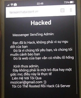 Nội dung xuất hiện tr&ecirc;n website CHK QT T&acirc;n Sơn Nhất khi bị hacker tấn c&ocirc;ng.