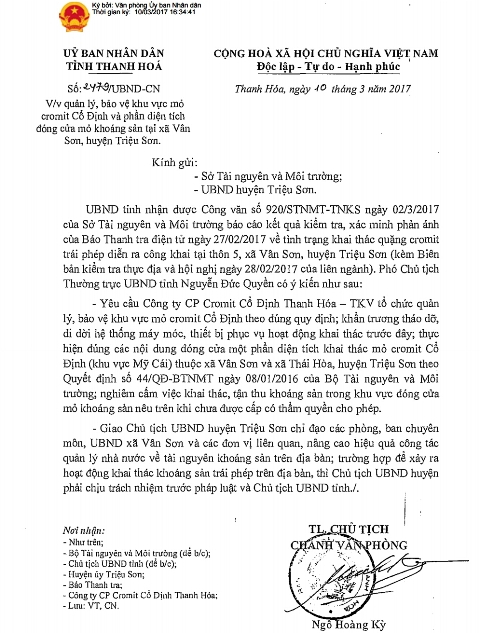 C&ocirc;ng văn số 2479/UBND-CN về việc đ&oacute;ng một phần cửa mỏ cromit, nghi&ecirc;m cấm khai th&aacute;c quặng tr&aacute;i ph&eacute;p tại huyện Triệu Sơn