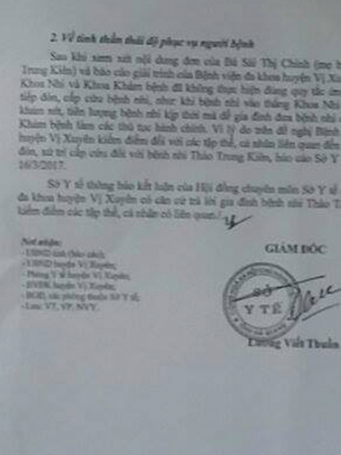 Văn bản th&ocirc;ng b&aacute;o kết luận Hội đồng chuy&ecirc;n m&ocirc;n của Sở Y tế tỉnh H&agrave; Giang.