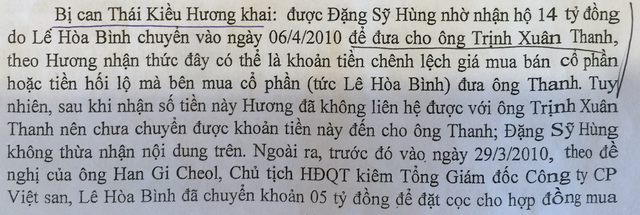 Lời khai về việc chia &ldquo;lộc&rdquo; cho Trịnh Xu&acirc;n Thanh (ảnh chụp từ tư liệu vụ &aacute;n).