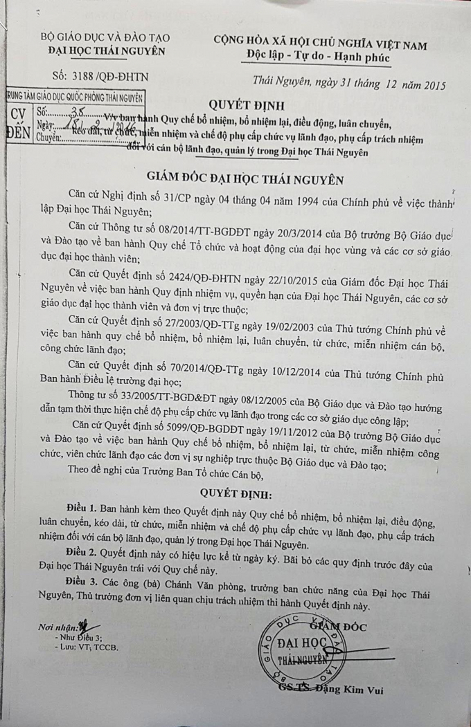 Quyết định số 3188/QĐ-ĐHTN y&ecirc;u cầu Trưởng ph&ograve;ng