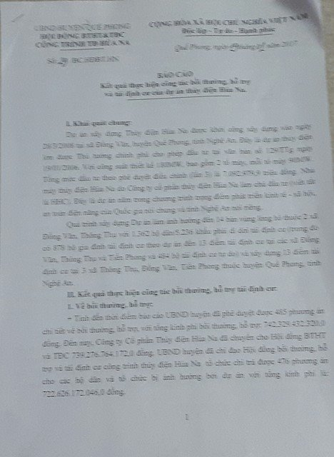 B&aacute;o c&aacute;o kết quả của UBND huyện Quế Phong về c&ocirc;ng t&aacute;c bồi thường, hỗ trợ v&agrave; t&aacute;i định cư của dự &aacute;n thủy điện Hủa Na.