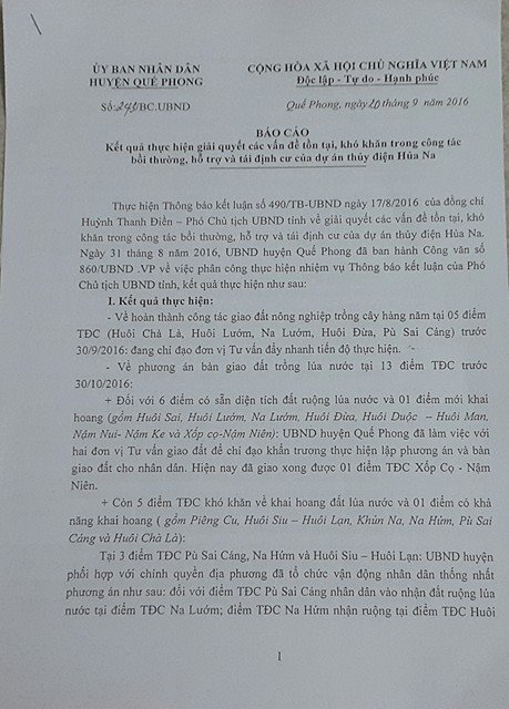 B&aacute;o c&aacute;o số 243 của UBND huyện Quế Phong kết quả thực hiện c&aacute;c vấn đề tồn tại, kh&oacute; khăn, trong c&ocirc;ng t&aacute;c bồi thường, hỗ trợ v&agrave; TĐC của dự &aacute;n thủy điện Hủa Na