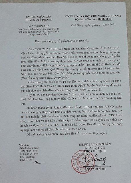 C&ocirc;ng văn số 1111 của UBND huyện Quế Phong gửi C&ocirc;ng ty CP Thủy điện Hủa Na đề nghị giải quyết tồn tại, vướng mắc m&agrave; UBND tỉnh đ&atilde; giao.