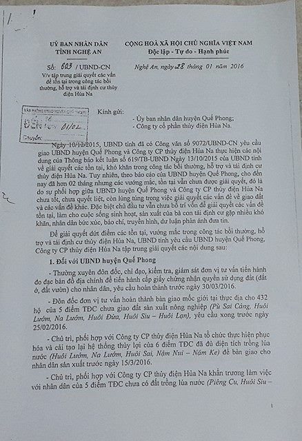 C&ocirc;ng văn số 603 UBND tỉnh, về việc tập trung giải quyết c&aacute;c vấn đề tồn tại trong c&ocirc;ng t&aacute;c bồi thường, hỗ trợ v&agrave; t&aacute;i định cư thủy điện Hủa Na.