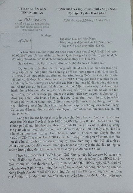 Văn bản số 1013 của UBND tỉnh Nghệ An về việc hỗ trợ gạo ổn định đời sống cho nh&acirc;n d&acirc;n t&aacute;i định cư dự &aacute;n Thủy điện Hủa Na.