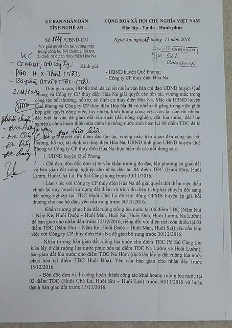 Văn bản số 8824 của UBND tỉnh Nghệ An về việc giải quyết tồn tại vướng mắc, trong c&ocirc;ng t&aacute;c bồi thuwongf hỗ trợ, t&aacute;i định cư dự &aacute;n thủy điện Hủa Na.