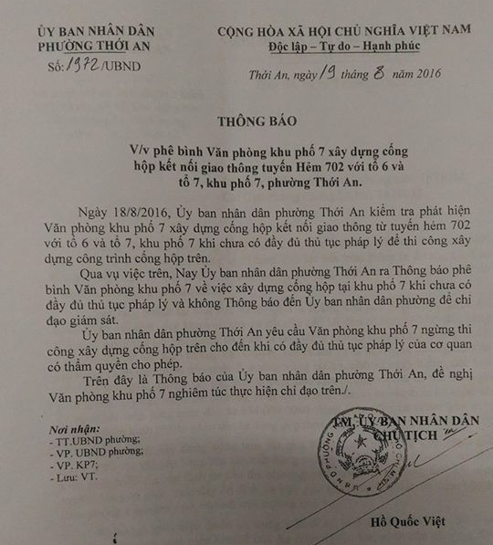 Liệu Khu phố 7 bất chấp ph&aacute;p luật, qua mặt phường để x&acirc;y c&ocirc;ng tr&igrave;nh cống m&agrave; ch&iacute;n phường Thới An l&agrave; chủ đầu tư?