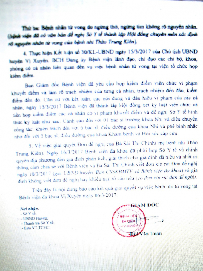C&ocirc;ng văn đề nghị Sở Y tế kiểm điểm, khiển tr&aacute;ch c&aacute;c c&aacute; nh&acirc;n li&ecirc;n quan đến vụ ch&aacute;u Ki&ecirc;n tử vong.