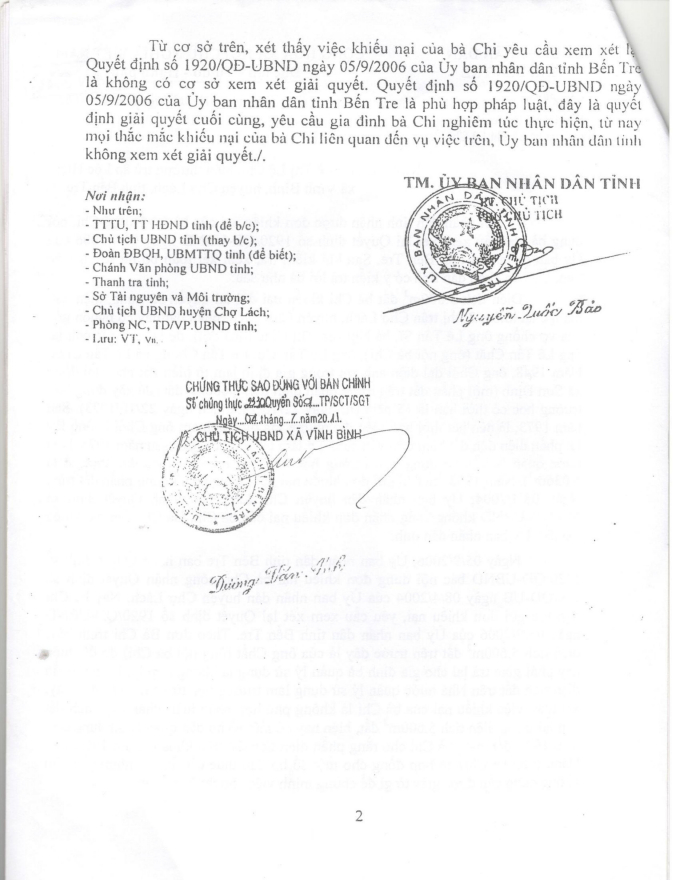 Quy&ecirc;́t định giải quy&ecirc;́t cu&ocirc;́i cùng của UBND tỉnh B&ecirc;́n Tre.