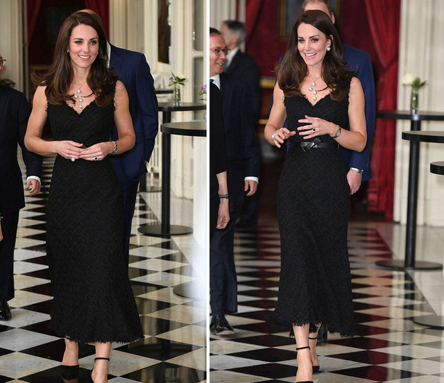 C&ocirc;ng nương Anh đ&atilde; thay 3 bộ trang phục trong ng&agrave;y đầu thăm Anh. Nữ c&ocirc;ng tước Cambridge diện một bộ v&aacute;y đen huyền b&iacute; của Alexander McQueen trong bữa tiệc tại Đại sứ qu&aacute;n Anh ở Paris tối qua. (Ảnh: Dailymail)