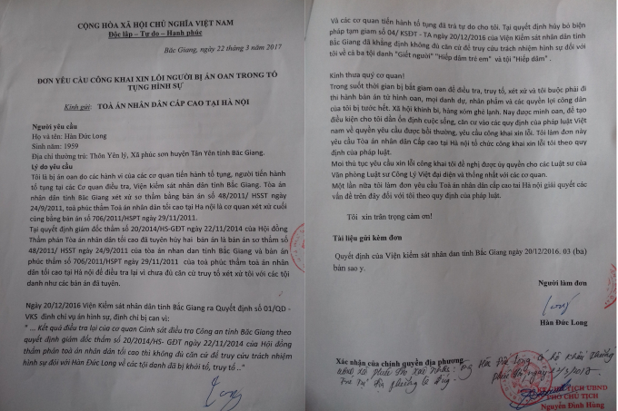 Đơn y&ecirc;u cầu c&ocirc;ng khai xin lỗi của &ocirc;ng H&agrave;n Đức Long gửi đến TAND cấp cao tại H&agrave; Nội.