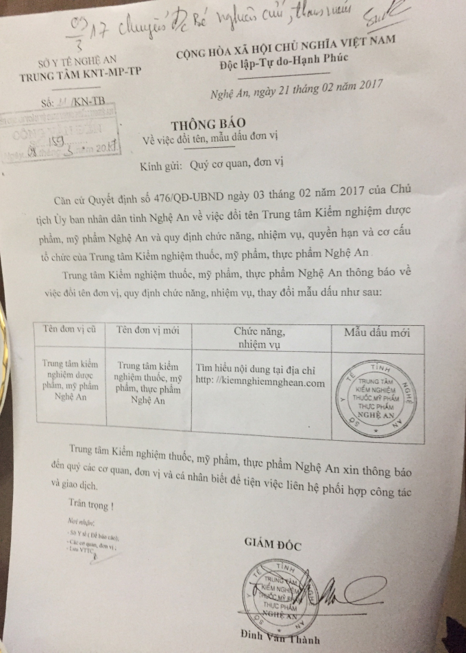 Ph&oacute; chi Cục trưởng Chi cục ATVSTP Nghệ An ra c&ocirc;ng văn &ldquo;lạ&rdquo; tạo thế &ldquo;độc quyền&rdquo; trong kiểm nghiệm thực phẩm?