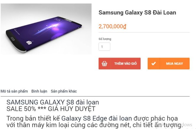 Một website rao b&aacute;n Galaxy S8 Đ&agrave;i Loan với gi&aacute; &ldquo;hủy diệt&rdquo; chỉ 2,7 triệu đồng. - Ảnh chụp m&agrave;n h&igrave;nh.