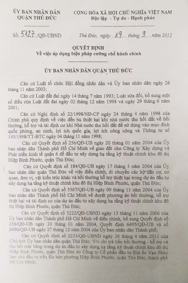 Quyết định của UBND quận Thủ Đức về việc &aacute;p dụng biện ph&aacute;p cưỡng chế h&agrave;nh ch&iacute;nh đối với đất của người d&acirc;n.