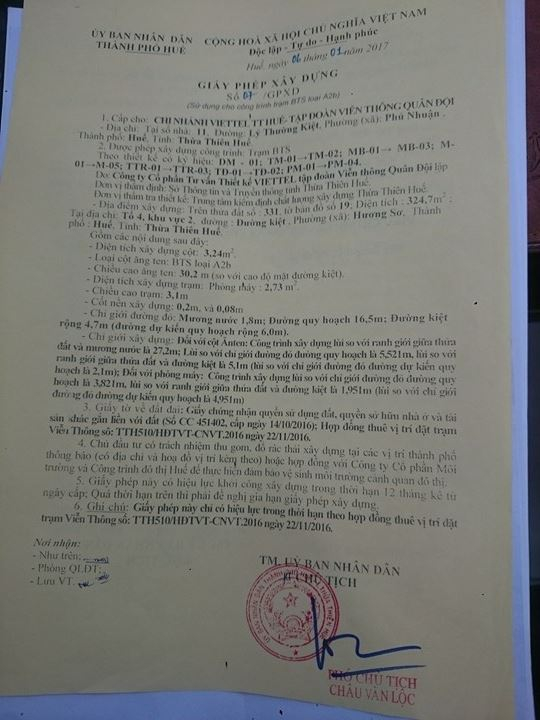 Giấy ph&eacute;p x&acirc;y dựng trạm của Viettel.