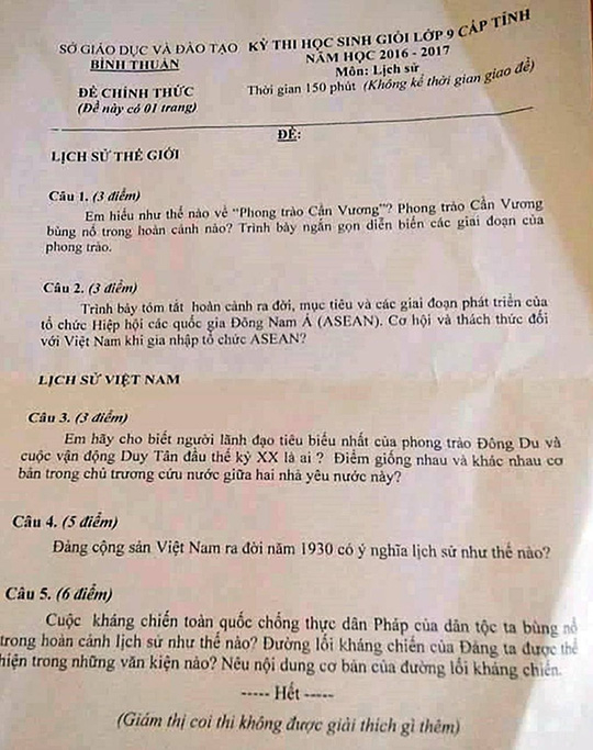 Đề thi đưa nhầm c&acirc;u hỏi lịch sử Việt Nam v&agrave;o phần lịch sử thế giới của Sở GD &amp;amp;amp; ĐT B&igrave;nh Thuận.