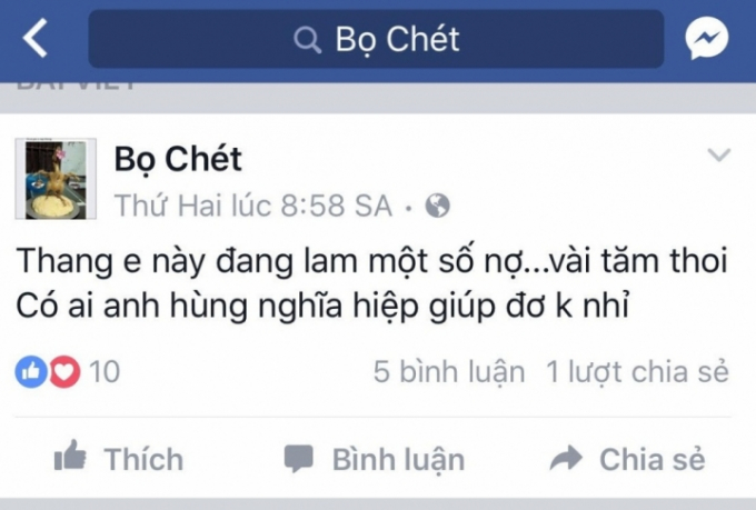Bọ Ch&eacute;t đăng tin b&aacute;o l&acirc;m nợ nần (Ảnh: chụp từ facebook).&nbsp;