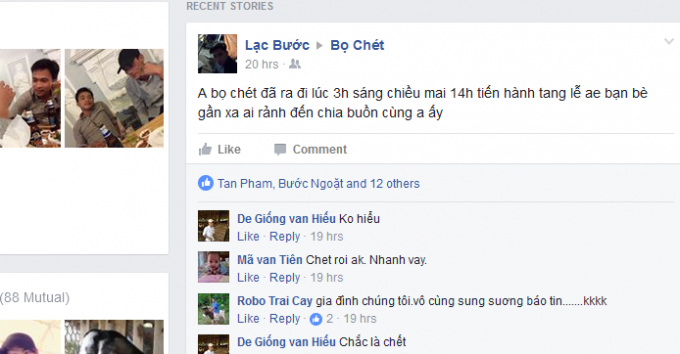 Nickname lạ đăng tin Bọ Ch&eacute;t đ&atilde; chết. (Ảnh: chụp từ facebook).