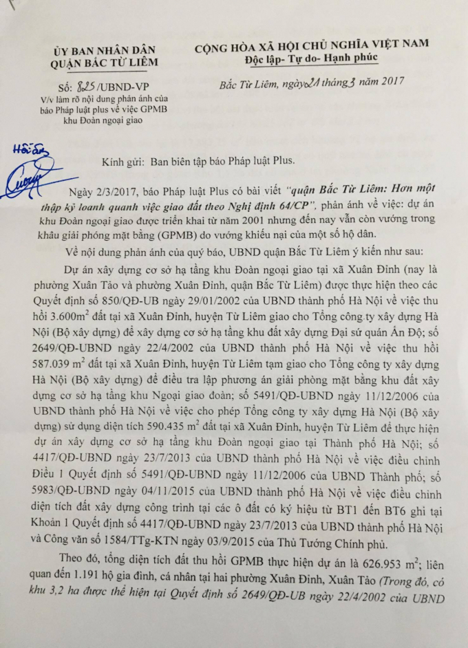 Văn bản của UBND quận Bắc Từ Li&ecirc;m phản hồi tới Ph&aacute;p luật Plus.