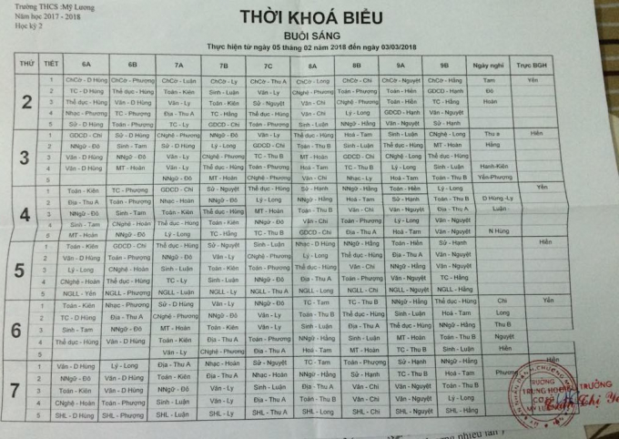 Thời kho&aacute; biểu được l&ecirc;n trước khi sự việc xảy ra ng&agrave;y 2/3/2018 cho thấy buổi chiều h&ocirc;m đ&oacute; to&agrave;n trường kh&ocirc;ng c&oacute; lịch l&ecirc;n lớp.