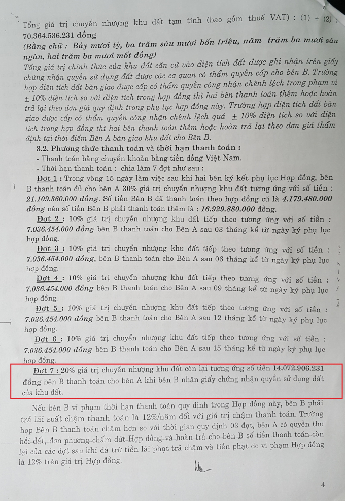 &ldquo;20% gi&aacute; trị chuyển nhượng khu đất c&ograve;n lại tương ứng số tiền 14.072.906.231 đồng b&ecirc;n B (Cty&nbsp; SGCL &ndash; PV) thanh to&aacute;n cho b&ecirc;n A (Cty HDTC - PV) khi b&ecirc;n B nhận giấy chứng nhận quyền sử dụng đất của khu đất&rdquo;