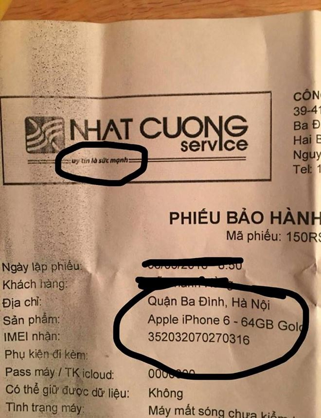 Nơi chị H mang m&aacute;y đến sửa v&agrave; c&oacute; x&aacute;c nhận th&ocirc;ng số m&aacute;y.