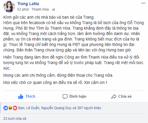 &nbsp;Chị Trang chia sẻ những th&ocirc;ng tin li&ecirc;n quan đến sự việc tr&ecirc;n trang c&aacute; nh&acirc;n.