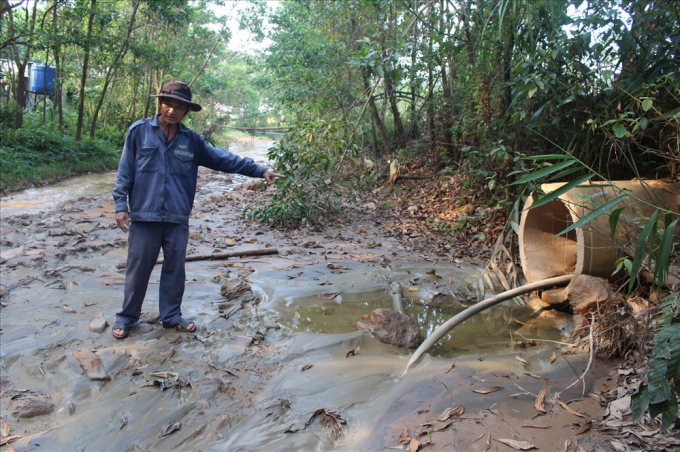 Người d&acirc;n địa phương cho rằng nước chảy ra từ b&atilde;i thải chứa quặng v&agrave;ng của c&ocirc;ng ty 6666 khiến nước s&ocirc;ng &ocirc; nhiễm, c&aacute; chết. Ảnh: LP