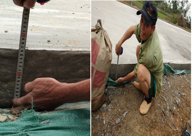 D&acirc;n lấy thước ra đo cho thầy mặt đường b&ecirc; t&ocirc;ng chưa đủ độ d&agrave;y như thiết kế (ảnh:Đức Ph&uacute;)