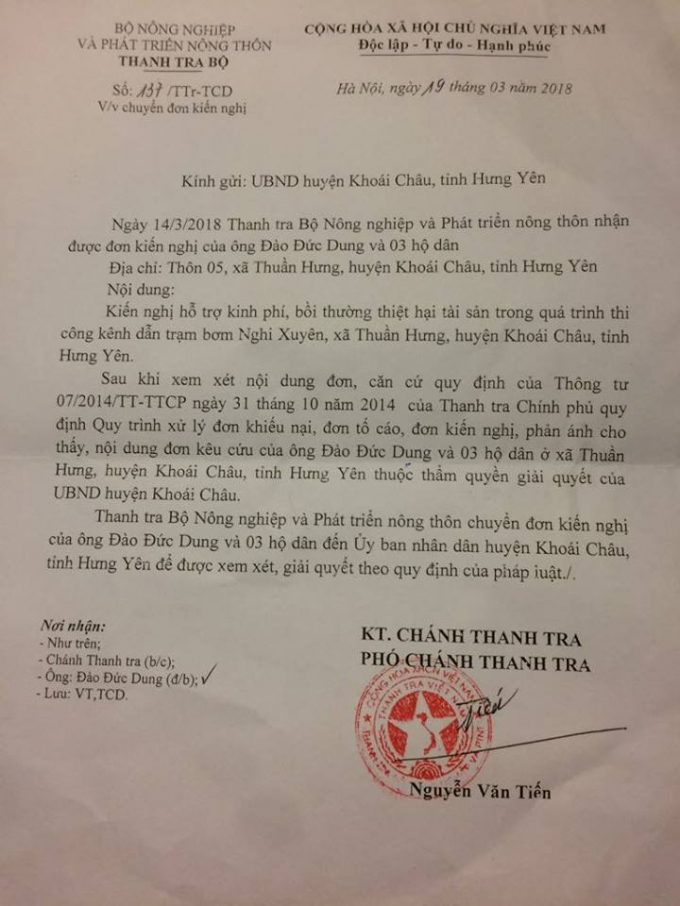 Văn bản Thanh tra Bộ NN v&agrave; PTNT giao UBND huyện Kho&aacute;i Ch&acirc;u, Hưng Y&ecirc;n giải quyết quyền lợi cho c&aacute;c hộ d&acirc;n theo quy định.