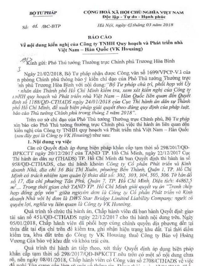 B&aacute;o c&aacute;o của Bộ Tư ph&aacute;p gửi Ph&oacute; Thủ tướng thường trực.