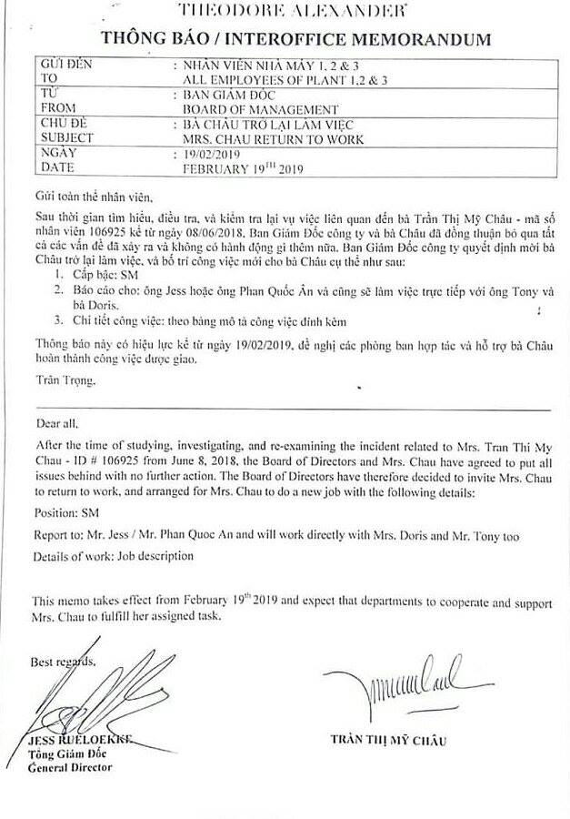Văn bản của &ocirc;ng Tổng gi&aacute;m đốc (Ảnh do chị Trần Thị Mỹ Ch&acirc;u cung cấp).
