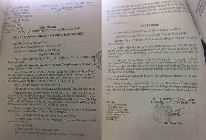 Bản &aacute;n của T&ograve;a &aacute;n nh&acirc;n d&acirc;n huyện Nam Trực, tỉnh Nam Định.