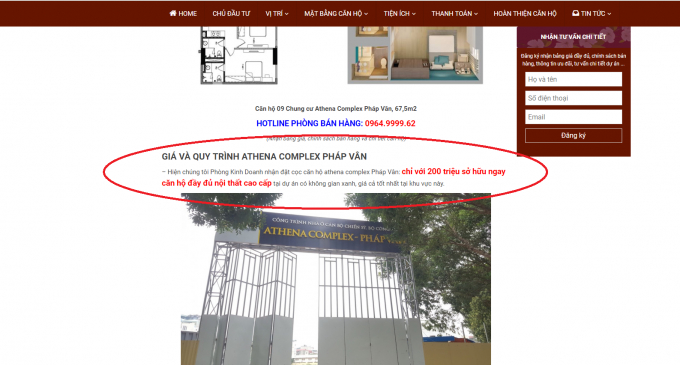 Một website b&aacute;n h&agrave;ng c&oacute; t&ecirc;n miền Athenacomplexphapvan.com giới thiệu đang&nbsp;nhận đặt cọc căn hộ athena complex Ph&aacute;p V&acirc;n ngay từ đầu th&aacute;ng 2/2019.
