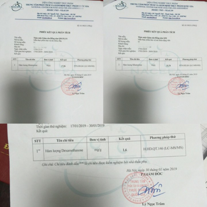 Kết quả kiểm nghiệm của Trung t&acirc;m ph&acirc;n t&iacute;ch v&agrave; gi&aacute;m định thực phẩm Quốc gia về sản phẩm vi&ecirc;n uống tăng v&agrave; giảm c&acirc;n của C&ocirc;ng ty Hồng S&acirc;m QM