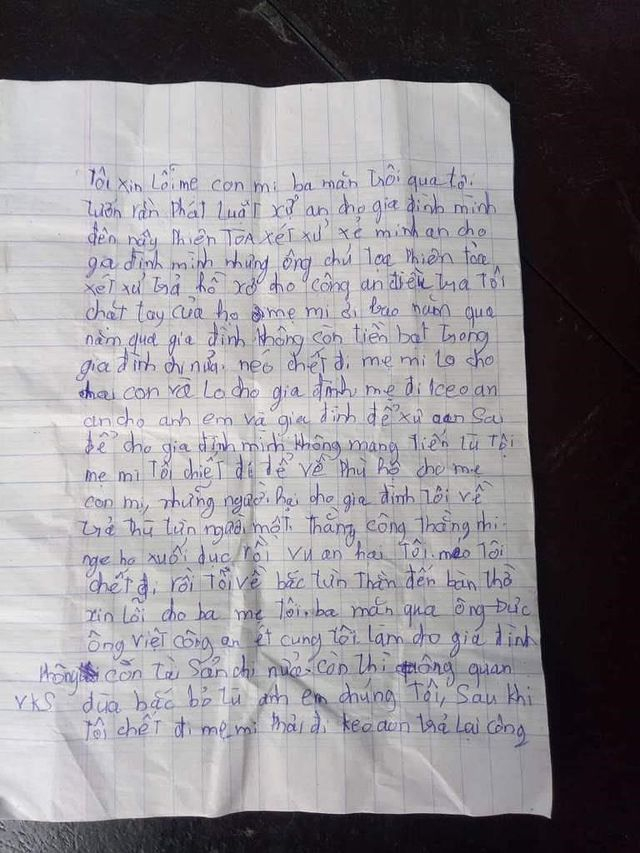 Chữ của bị c&aacute;o H&ograve;a viết trong l&aacute; thư để lại trước khi tự tử.&nbsp;