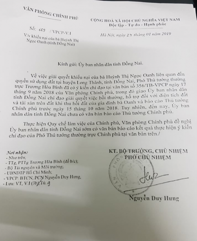 Văn bản chỉ đạo của Văn ph&ograve;ng Ch&iacute;nh phủ đề nghị UBND tỉnh Đồng Nai thực hiện việc b&aacute;o c&aacute;o kết quả thực hiện đối với việc bồi thường, hỗ trợ cho b&agrave; Oanh.