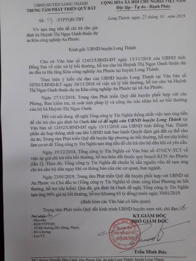 Văn bản của Trung t&acirc;m ph&aacute;t triển quỹ đất gửi UBND huyện Long Th&agrave;nh xin &yacute; kiến chỉ đạo, giải quyết về việc tạm ứng tiền cho b&agrave; Oanh.