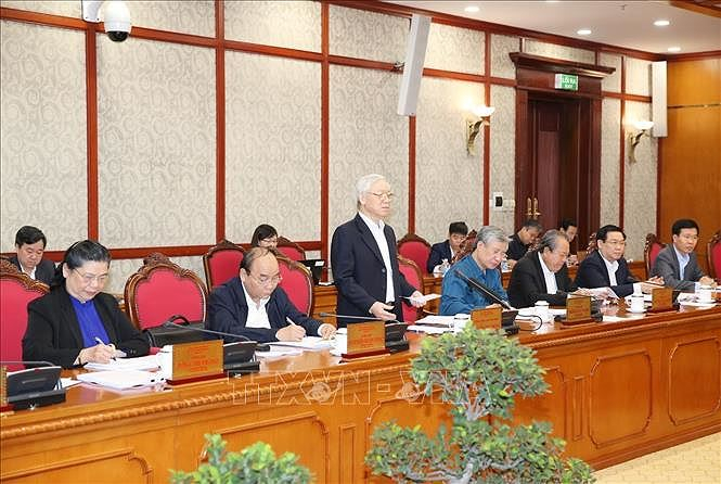 Tổng B&iacute; thư, Chủ tịch nước ph&aacute;t biểu kết luận cuộc họp.