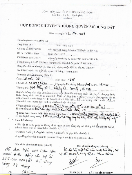 Hợp đồng chuyển nhượng QSDD m&agrave; &ocirc;ng Qu&yacute; b&aacute;n cho &ocirc;ng Dư từ năm 2009.