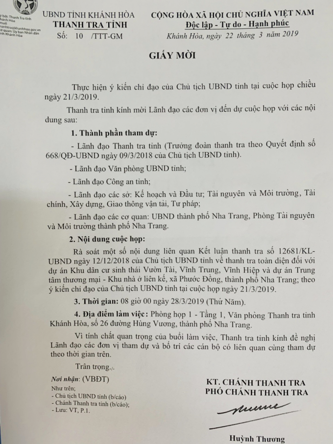 Gi&acirc;́y mời họp của Thanh tra tỉnh vào ngày 28/3 v&acirc;̃n có mặt của lãnh đạo c&ocirc;ng an tỉnh.