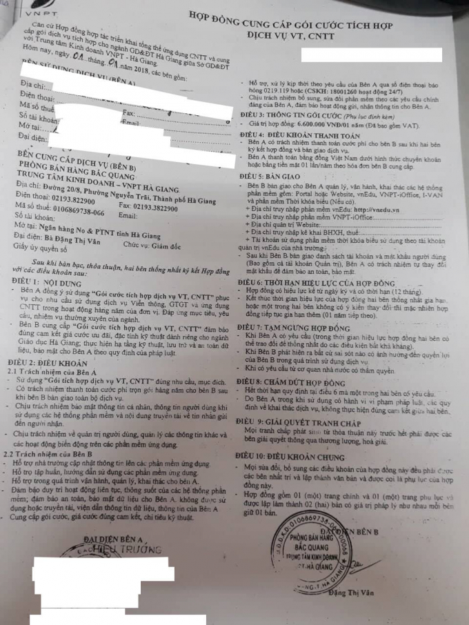 Hợp đồng cung cấp g&oacute;i cước t&iacute;ch hợp dịch vụ VT, CNTT với nh&agrave; cung cấp dịch vụ VNPT Vinaphone trị gi&aacute; 6.600.00đồng/1năm.