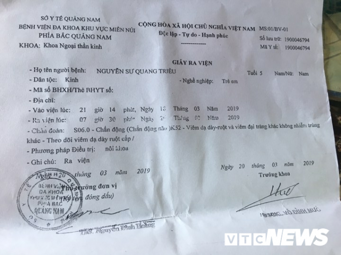 Kết quả chẩn đo&aacute;n ch&aacute;u Triều bị chấn động n&atilde;o.